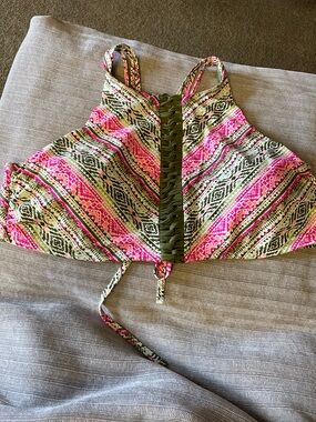 TIME and Tru High-Neck Printed Crop Swim Top (only) with Olive Lace-Up Detail